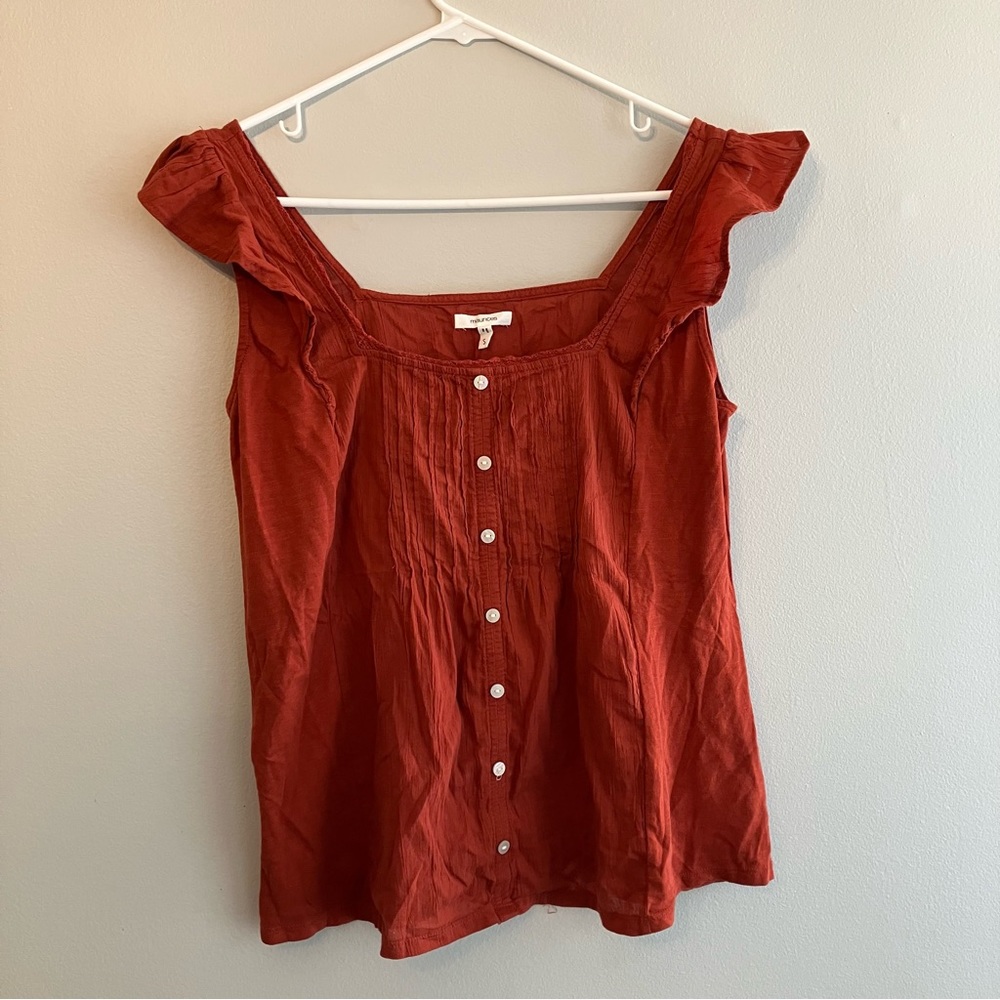 Maurice’s top fall orange buttons square neck flutter sleeves pleat detail